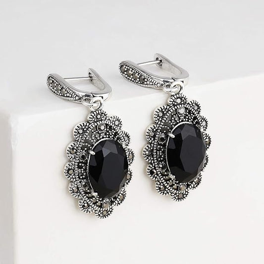 Black Marcasite Dangle Earrings for Women Vintage Black Onyx Stone Drop Earring for Women Hypoallergenic Jewelry