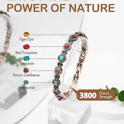 Feraco Pure Copper Bracelets for Women, Ultra Strength Magnetic Bracelet with 3800 Gauss Magnets & Natural Turquoise & Stones, Adjustable, Jewelry Gift