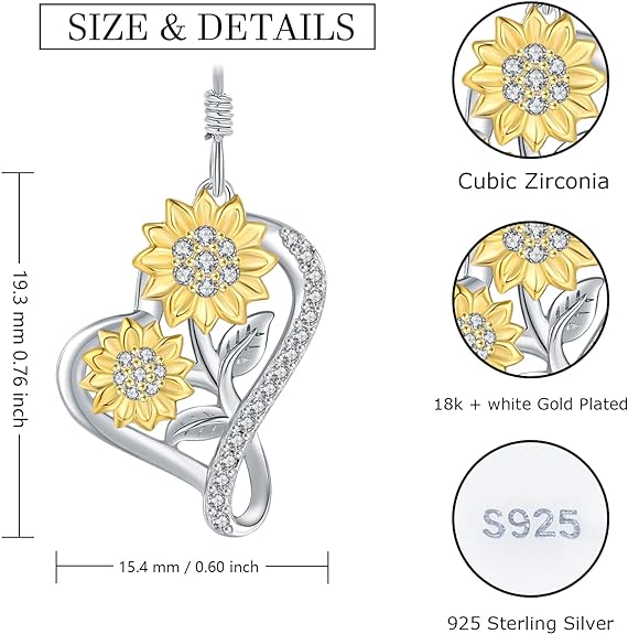 925 Sterling Silver Sunflower Earrings for Women - Hypoallergenic Cubic Zirconia Infinity Heart Dangle Jewelry for Teen Girls Family