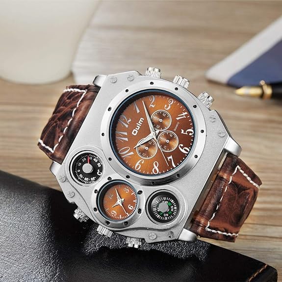 Avaner Mens Big Face Watch, Dual Time Zone Leather Strap Sport Watch, Analog Quartz Wrist Watch with Decorative Compass Thermometer Dial