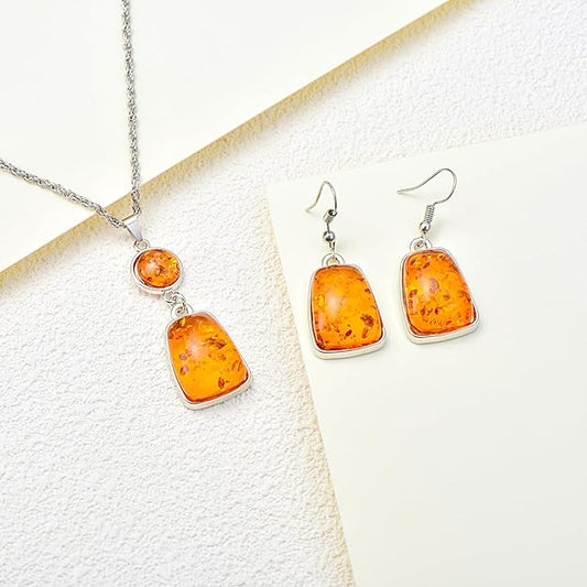 Amber Earring Necklace Sets Amber Jewelry Sparkling Amber Drop Cognac Color Jewelry Christmas Gift for Ladies