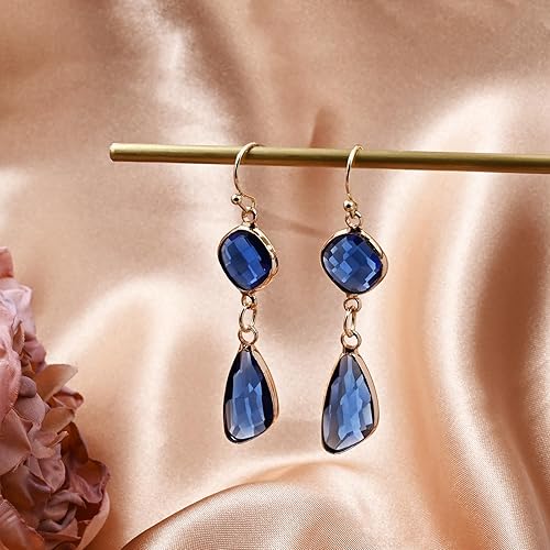 Blue Drop Earrings for Women-14K Gold Plated Sapphire Earrings for Women Unique Hypoallergenic Crystal Earrings Blue Stone Earrings Dangle Earrings for Women Birthstone Blue Topaz Earrings