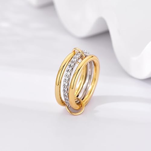14K Gold Plated Interlocked Stackable Rings for Women Non Tarnish,Gold and Silver Cubic Zirconia Statement Rings Set,Mixed Metals Ring Two-Toned Connected Bands Stacking Jewelry