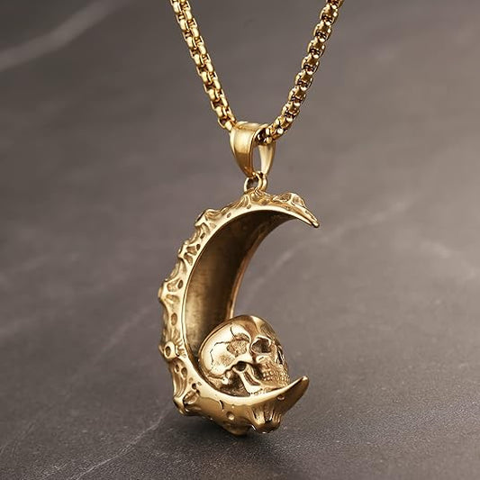 HZMAN Mens Women Gothic Retro Moon Crescent Skull Stainless Steel Pendant Necklace 22+2 Inch Chain