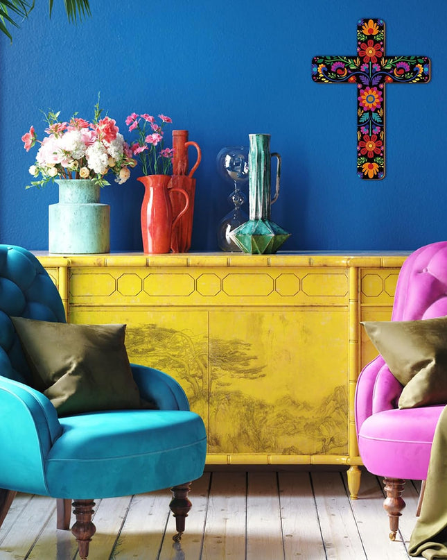 Floral Cross Wall Decor Hand Painted Decorative Inspirational Wooden Cross Spanish Style Wall Cross Mexican Art Wall Decor Mexican Crucifix for Home Room Church Decoration (Retro Style)