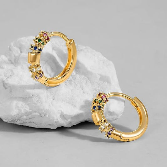 Dremmy Studios Dainty CZ Huggie Hoop Earrings 14K Gold Plated Chunky Simple Cute Thick Round Frill Bead Ball Starburst Cuff Earrings Cubic Zirconia Hoop Earrings Minimalist Personalized Gift for Her