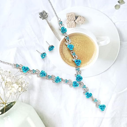 Rose Flower Necklace Earrings Set Crystal 3Pcs Bridal Flower Pendant Necklace Chain Studs Floral Wedding Jewelry for Women Girls Bride Bridesmaids