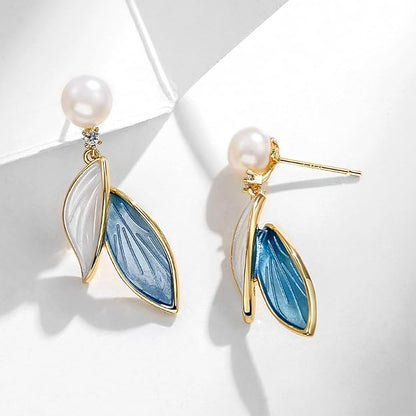 Enamel Leaf Pearl Earrings for Women Fashion Blue White Simple Small Dangle Earrings