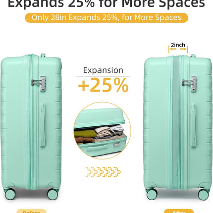 LARVENDER Luggage Sets 5 Piece with Duffel Bag Expandable(Only 28 inch) Hardside PP Carry On Luggage with 360° Spinner Wheels TSA Lock Luggage Sets for Women, Seafoam Green