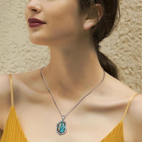 Phyonio Turquoise Necklace for Women 925 Sterling Silver Teal/Spiny Turquoise Pendant Necklaces with Rope Edge and Stainless Steel Box Chain Valentine Day Gifts for Wife