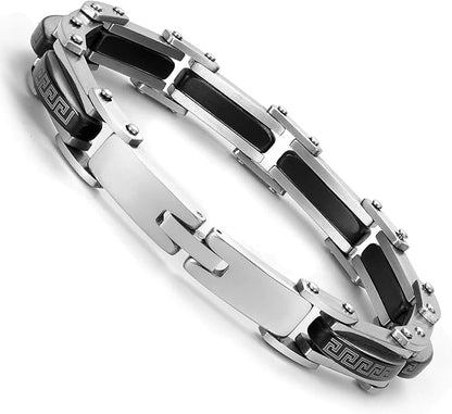 Urban Jewelry Industrial Greek Pattern 316L Stainless Steel Link Cuff Bracelet for Men (Black, Silver)