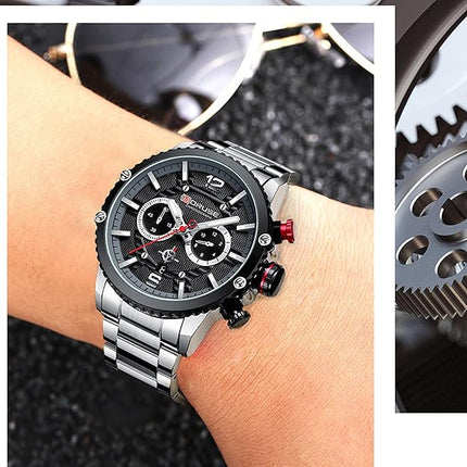 Mens Watches Luxury Silver Stainless Steel Chronograph Watch Fashion Business Big Face Waterproof Luminous Calendar Analog Quartz Wristwatch