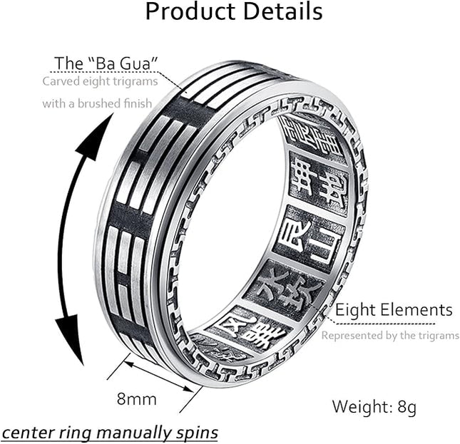 ALEXTINA Men's 8MM Stainless Steel Yin Yang Spinner Ring Ba Gua Feng Shui Eight Trigrams Signet Band