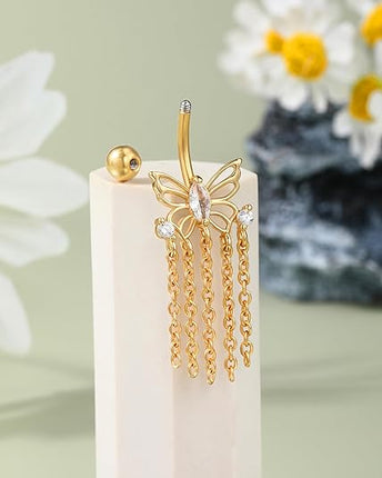 Jewseen 14G Belly Button Rings 316L Surgical Steel Belly Piercing Jewelry Butterfly Chain Belly Rings Navel Rings for Women