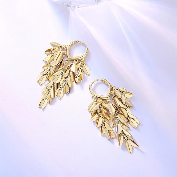 18K Gold Plated Leaf Hoop Earrings for Women, Long Tassel Dangle Drop Earrings, Chunky Gold Chandelier Earrings