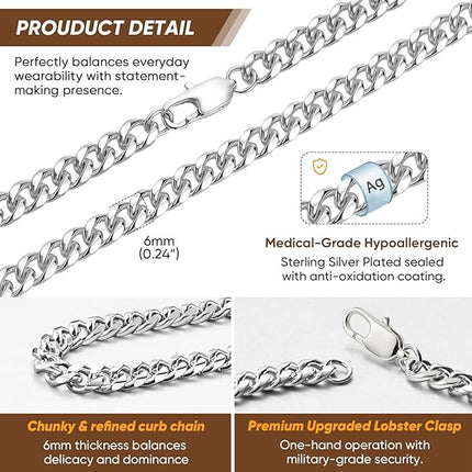 VNOX 6mm Cuaban Necklace for Men - Mens Women Sterling Silver Plated Chain Solid 6mm Diamond Cut Curb Cuban Link Chains,20 Inches