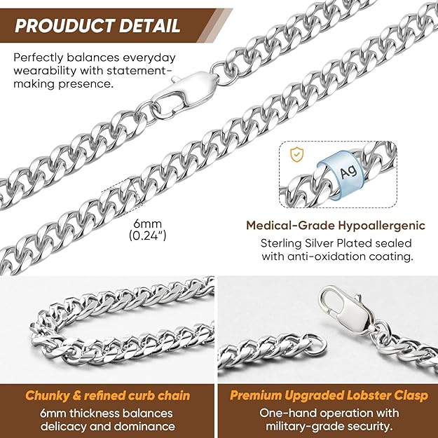VNOX 6mm Cuaban Necklace for Men - Mens Women Sterling Silver Plated Chain Solid 6mm Diamond Cut Curb Cuban Link Chains,20 Inches
