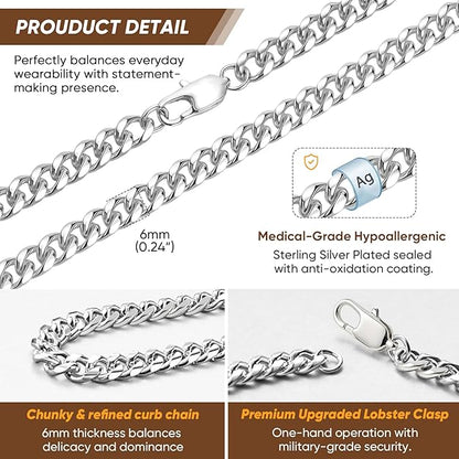 VNOX 6mm Cuaban Necklace for Men - Mens Women Sterling Silver Plated Chain Solid 6mm Diamond Cut Curb Cuban Link Chains,20 Inches