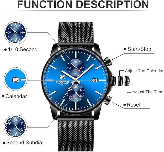 GOLDEN HOUR Mens Watch Fashion Sleek Minimalist Quartz Analog Mesh Stainless Steel Waterproof Chronograph Watches for Men with Auto Date