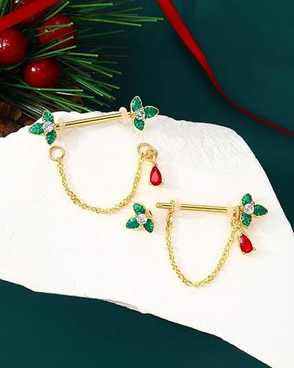 COCHARM 2pcs Gold Nipple Rings Dangling Nipple Piercings Chain Nipple Jewelry 14g Christmas Holly Tree Nipple Ring 14mm Nipple Bar Nipple Barbell for Women