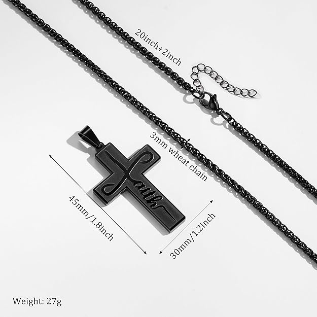 Faith Cross Necklace for Men Boys, Stainless Steel Cross Chain Pendant Necklace, Inspirational Bible Verse Christian Religious Easter Gifts 20+2in