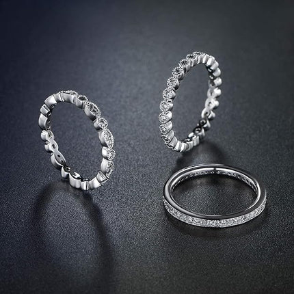 OPOMOMO 3 Pcs 2mm Women Stackable Eternity Ring Wedding Bands,18K White Gold Plated Cubic Zirconia Rings Pack Size 8