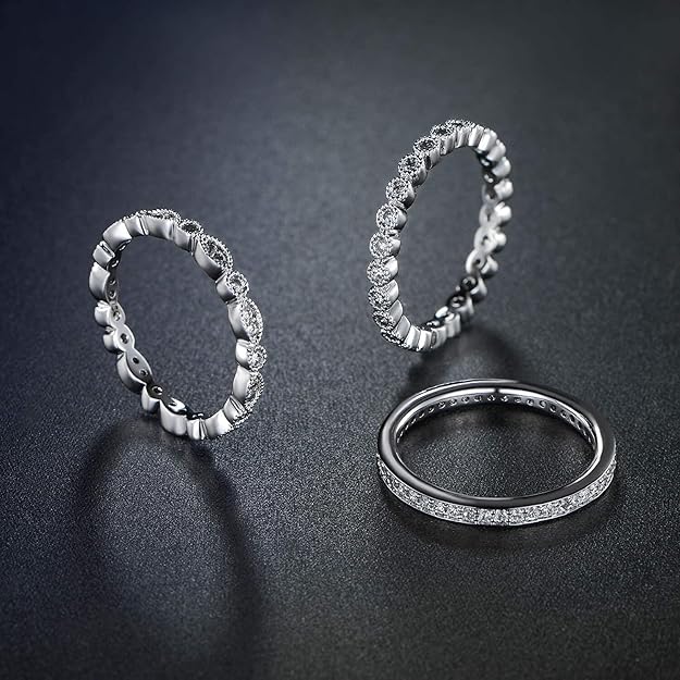OPOMOMO 3 Pcs 2mm Women Stackable Eternity Ring Wedding Bands,18K White Gold Plated Cubic Zirconia Rings Pack Size 8
