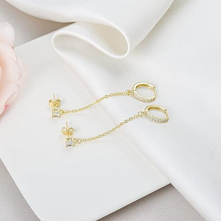 925 Silver Hoop Chain Earrings for Women 14K Gold Plated Trendy Chain Dangle Earrings