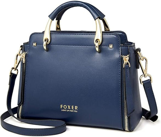 FOXER Leather Handbags for Women, Genuine Leather Ladies Top-handle Bags with Adjustable Shoulder Strap Women's Crossbody Bag Womens Real Cowhide Satchels Leather Messenger Tote Bags(Dark Blue)