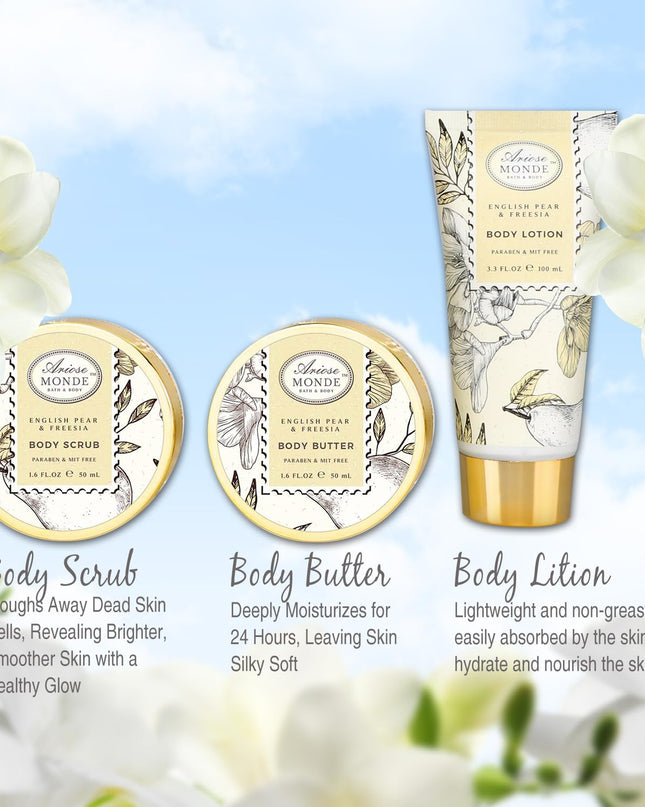 Bath & Shower Spa Gift Basket Set, with English Pear & Freesia Fragrance Bath Gift Basket for Women & Men Includes Body Lotion, Shower Gel, Bath Salts, Bubble Bath, Body Scrub and More, 9 Pcs