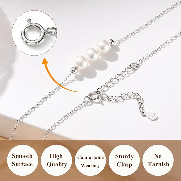 Pearl Necklace for Women, 925 Sterling Silver Dainty Pearl Pendant Necklace Jewelry Gift, Simple 3 White Pearl Choker Necklaces for Mom Friends Grandma Daughter Mother Day Birthday Wedding Valentines Christmas Party