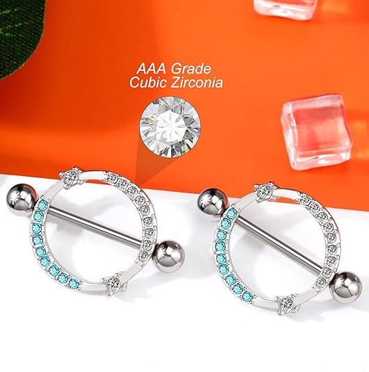 Melighting 14G Nipple Rings Shiny Stainless Steel 316L Clear Blue CZ Dainty Round Nipple Barbell Nipple Bars Body Piercing Jewelry for Women