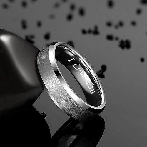 Greenpod 4MM Tungsten Carbide Engagement Ring Brushed Beveled Edge Polished Silver Wedding Band for Men Women Engraved I Love You Always & Forever Size 5-10