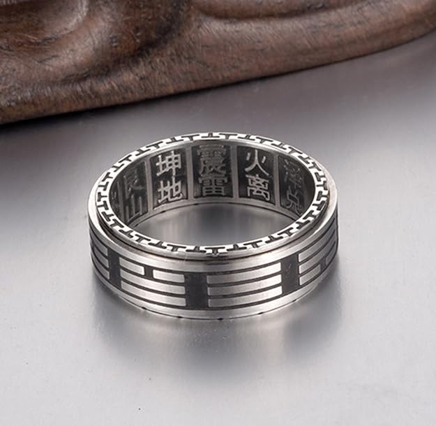 ALEXTINA Men's 8MM Stainless Steel Yin Yang Spinner Ring Ba Gua Feng Shui Eight Trigrams Signet Band