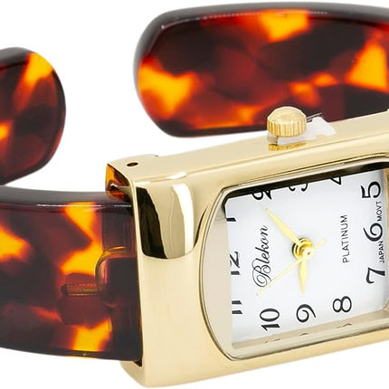 Blekon Collections Women's Round, Oval, Rectangle Case Shapes Acrylic Tortoise Shell Color Design Cuff Bangle Watch