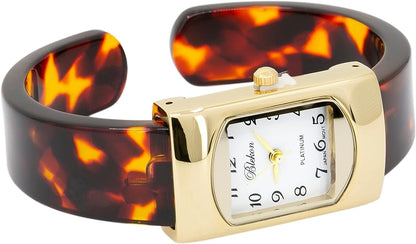 Blekon Collections Women's Round, Oval, Rectangle Case Shapes Acrylic Tortoise Shell Color Design Cuff Bangle Watch