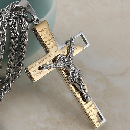 HZMAN Men's Stainless Steel Cross Crucifix Bible Prayer Pendant Necklace 22+2" Chain