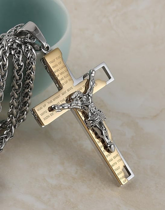 HZMAN Men's Stainless Steel Cross Crucifix Bible Prayer Pendant Necklace 22+2" Chain