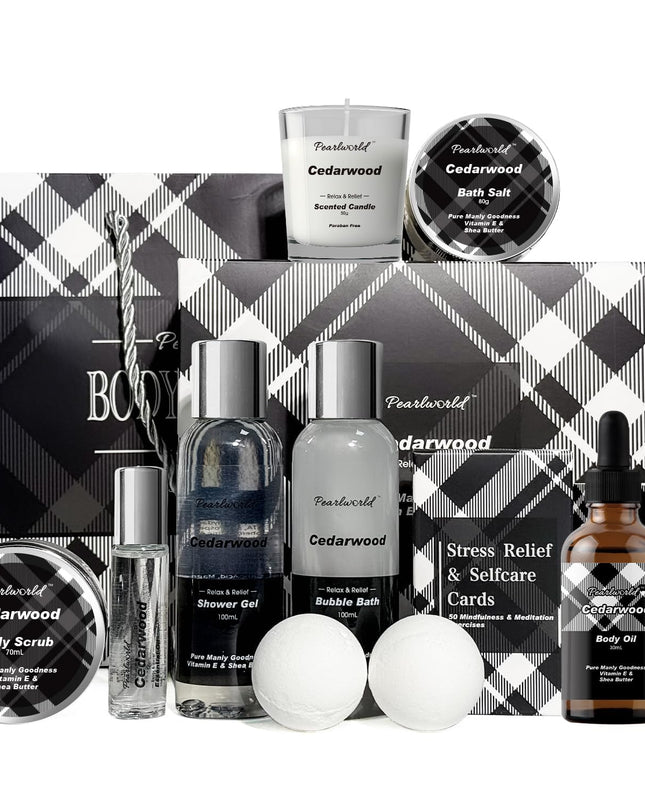 12Pcs Men's Spa Gift Set - Cedarwood Bath & Body Care Kit, Home Spa Set with Natural, Perfect Gifts for Men - Father's Day, Birthday, Valentine's & Christmas