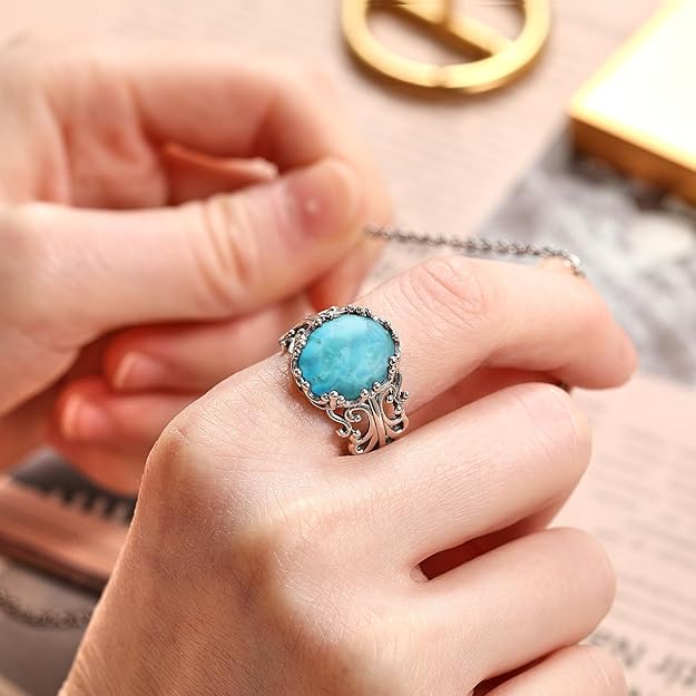 Turquoise Rings for Women 925 Sterling Silver Statement Ring with Oval Cut 12 * 14mm Turquoise Womens Adjustable Vintage Filigree Rings fit Size 6-9