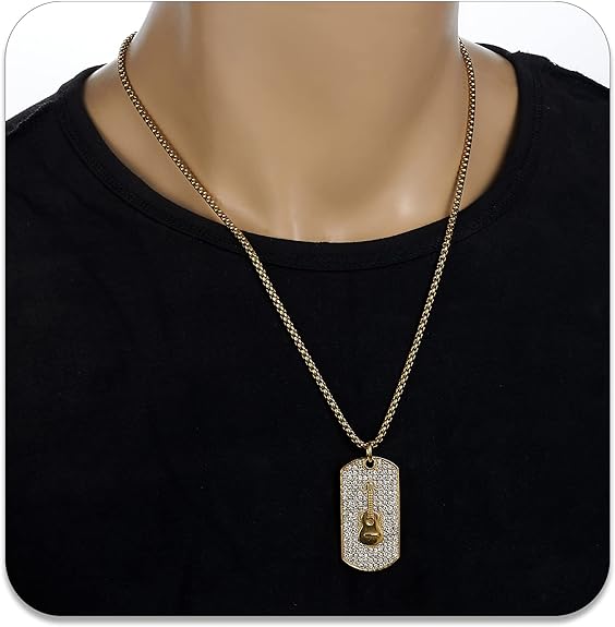 PEAS 18K Gold Plated Jewelry Music Guitar Dog Tag Pendant Iced Out Necklace