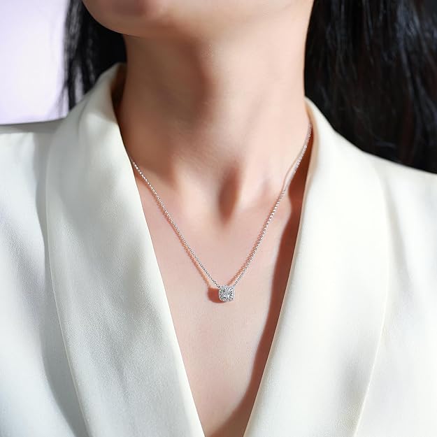 Sytaehi Sterling Silver Lab Grown Diamond Halo Pendant Necklace, Chain Included,ideal gift for anniversaries, birthdays, or any milestone celebration