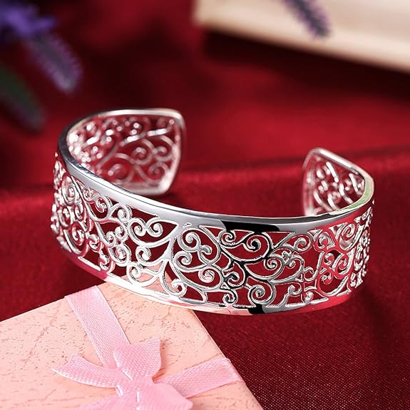 925 Sterling Silver Bangle Cuff Bracelets For Women, Hollow Open Bangle Bracelet Jewelry For Women