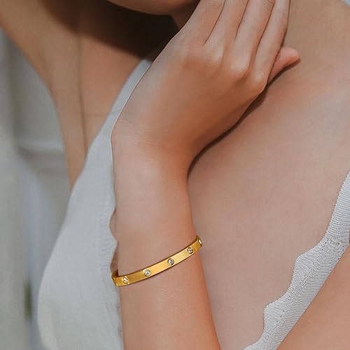 Gold Bracelets for Women - 2Pcs 18K Gold Plated Love Cubic Zirconia Bangle