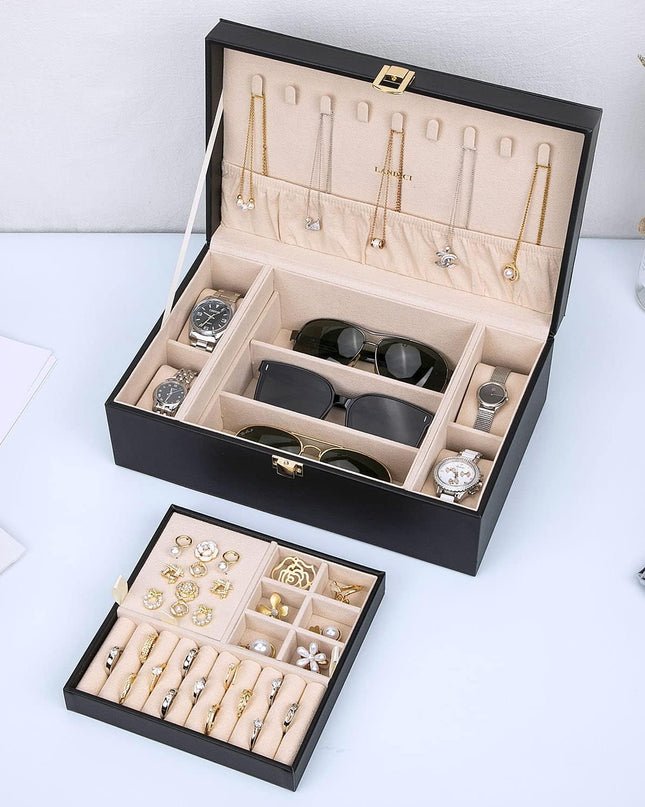 LANDICI Jewelry Box Organizer for Women, Large 2 Layer Men Watch Case with Removable Tray