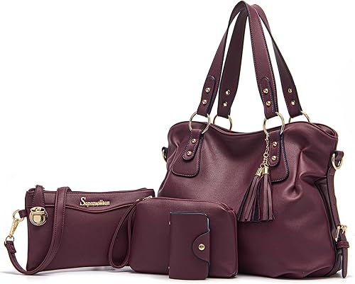 Soperwillton Fashion Handbag for Women Shoulder Bag Top Handle Satchel Hobo Tote Bag Purse Set 4pcs