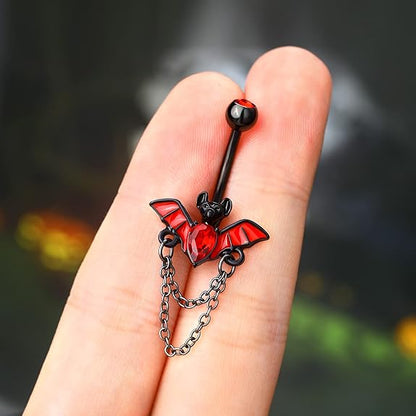 Melighting Bat Belly Button Rings 14G Halloween Belly Rings Stainless Steel 316L Clear Red CZ Black Belly Piercing Jewelry for Women