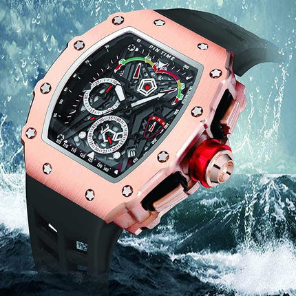FANMIS Mens Luxury Tonneau Square Watches Analog Punk Chronograph Unique Sports Wrist Watch Japanese Movement Luminous Design with Rubber Band
