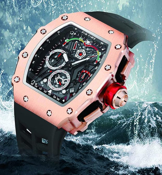 FANMIS Mens Luxury Tonneau Square Watches Analog Punk Chronograph Unique Sports Wrist Watch Japanese Movement Luminous Design with Rubber Band