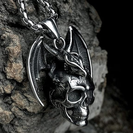 bahamut Mens Skull Dragon Pendant Necklace for Men Boys Silver Gold Cool Goth Accessory Jewelry with Stainless Steel Chain